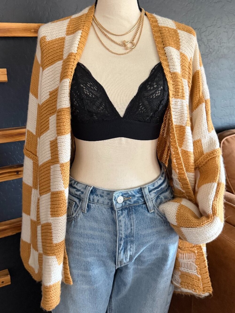 Mustard and Cream Checked Cardigan
